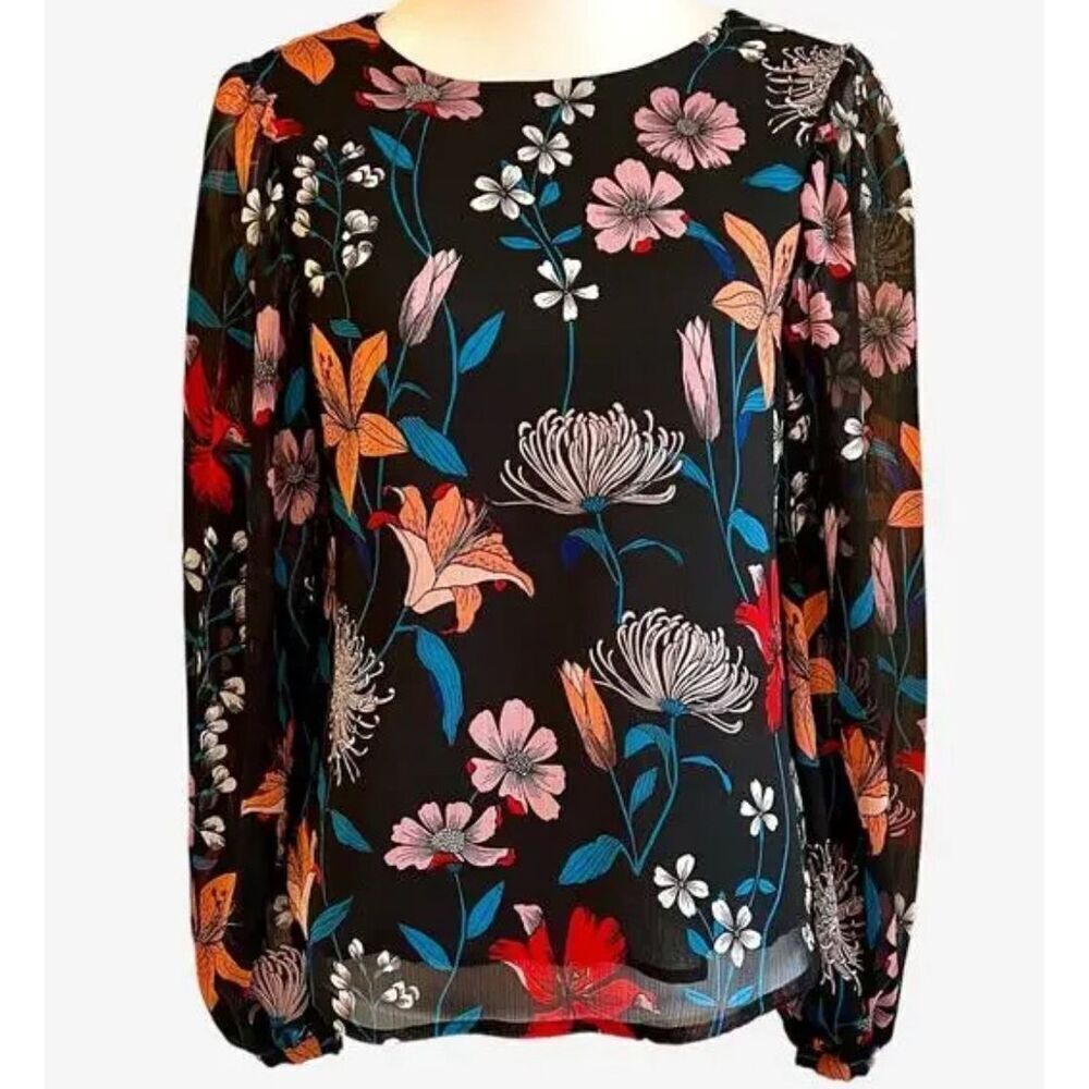 Who What Wear Womens Floral Long Sleeve Semi Sheer Blouse Multicolor Small